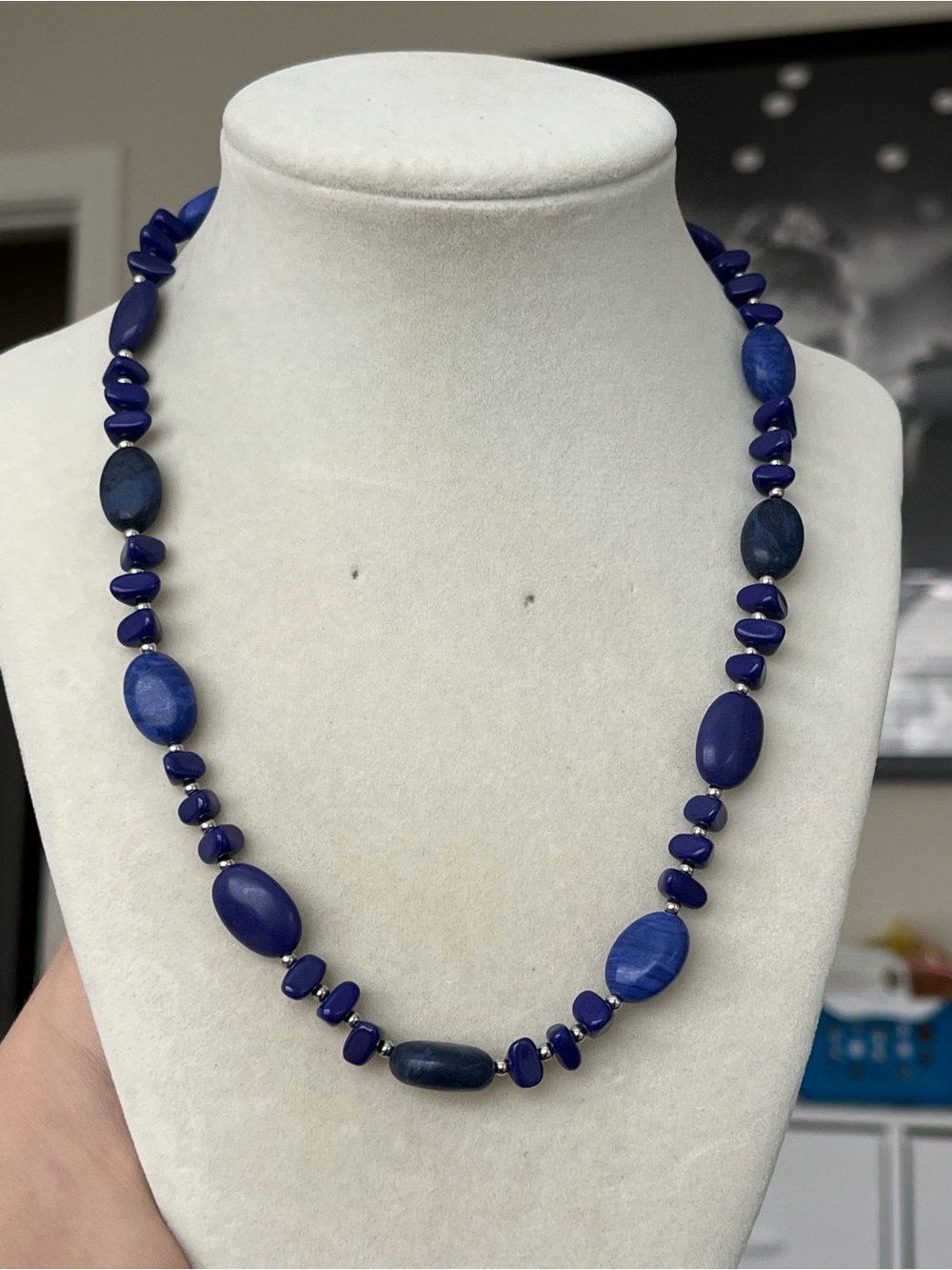 CHAPS Silver Tone Lapis Blue Color Beaded Necklace 18”